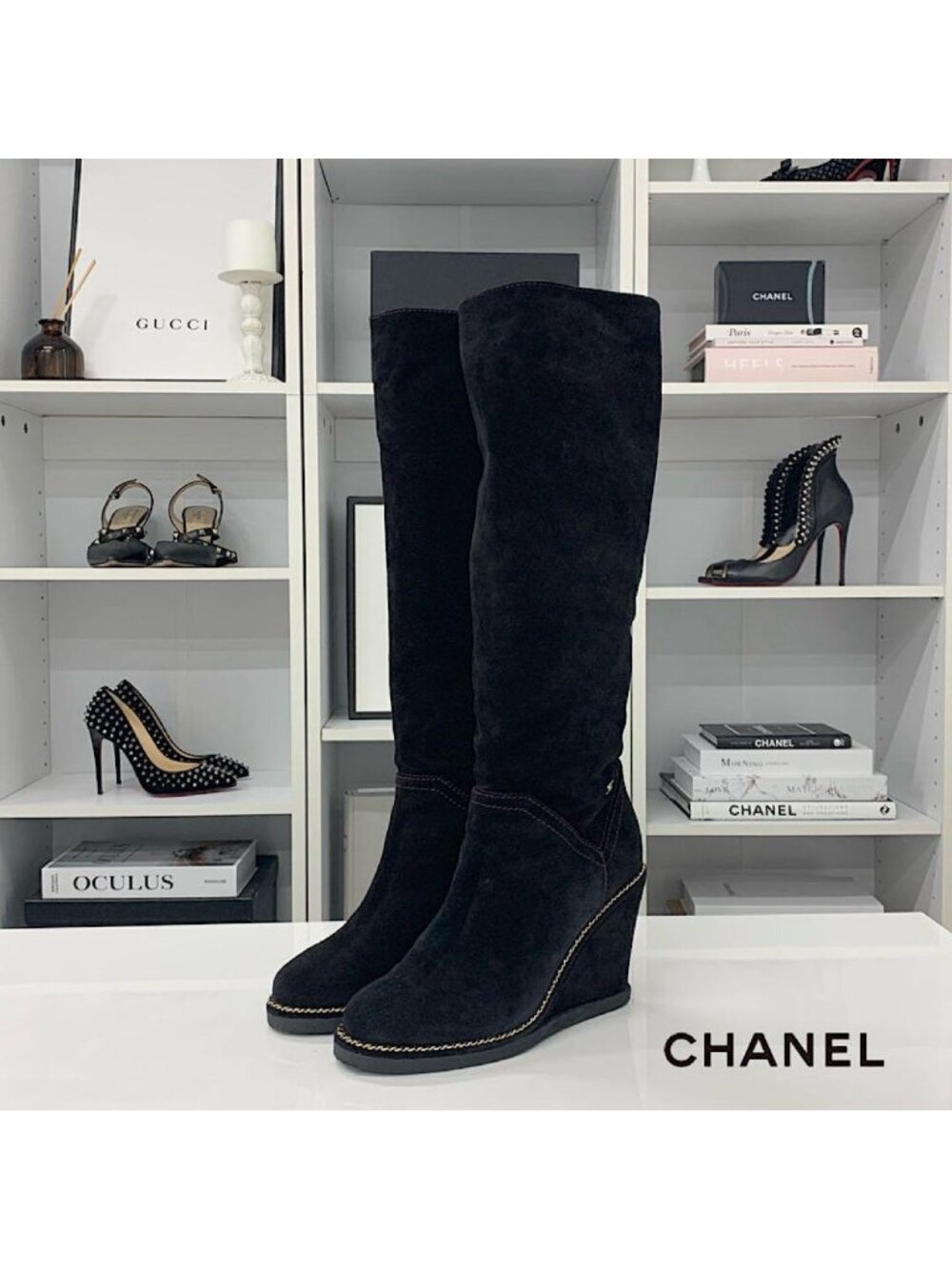 Chanel Suede CC Logo Chain Wedge Sole Long Boots Black